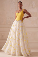 Load image into Gallery viewer, Yellow Dragonfly Printed One Shoulder Beaded A-Line Long Evening Dress