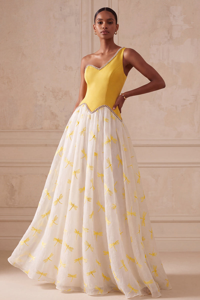Load image into Gallery viewer, Yellow Dragonfly Printed One Shoulder Beaded A-Line Long Evening Dress