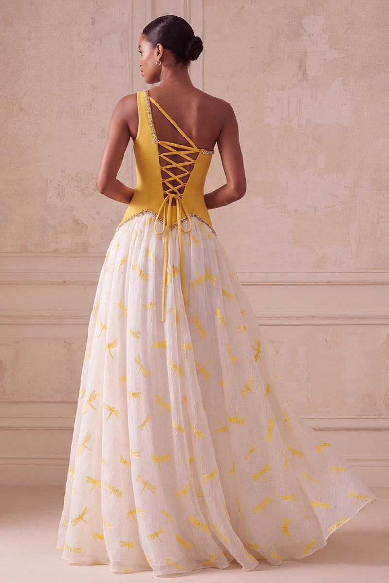Load image into Gallery viewer, Yellow Dragonfly Printed One Shoulder Beaded A-Line Long Evening Dress