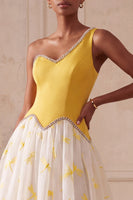 Load image into Gallery viewer, Yellow Dragonfly Printed One Shoulder Beaded A-Line Long Evening Dress