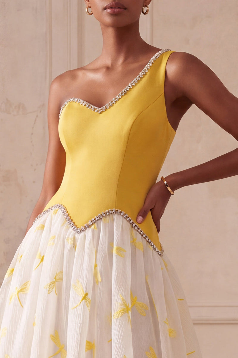 Load image into Gallery viewer, Yellow Dragonfly Printed One Shoulder Beaded A-Line Long Evening Dress