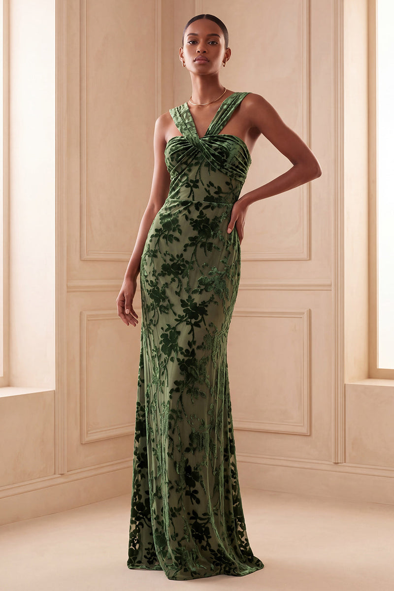 Load image into Gallery viewer, Eucalyptus Sheath Halter Velvet Ruched Floral Long Evening Dress