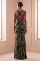 Load image into Gallery viewer, Eucalyptus Sheath Halter Velvet Ruched Floral Long Evening Dress