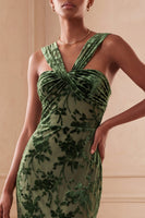 Load image into Gallery viewer, Eucalyptus Sheath Halter Velvet Ruched Floral Long Evening Dress