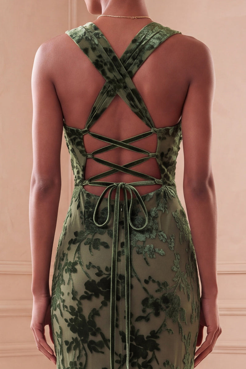 Load image into Gallery viewer, Eucalyptus Sheath Halter Velvet Ruched Floral Long Evening Dress