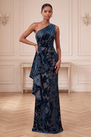 Load image into Gallery viewer, Navy One Shoulder Velvet Sheath Ruffled Floral Long Evening Dress