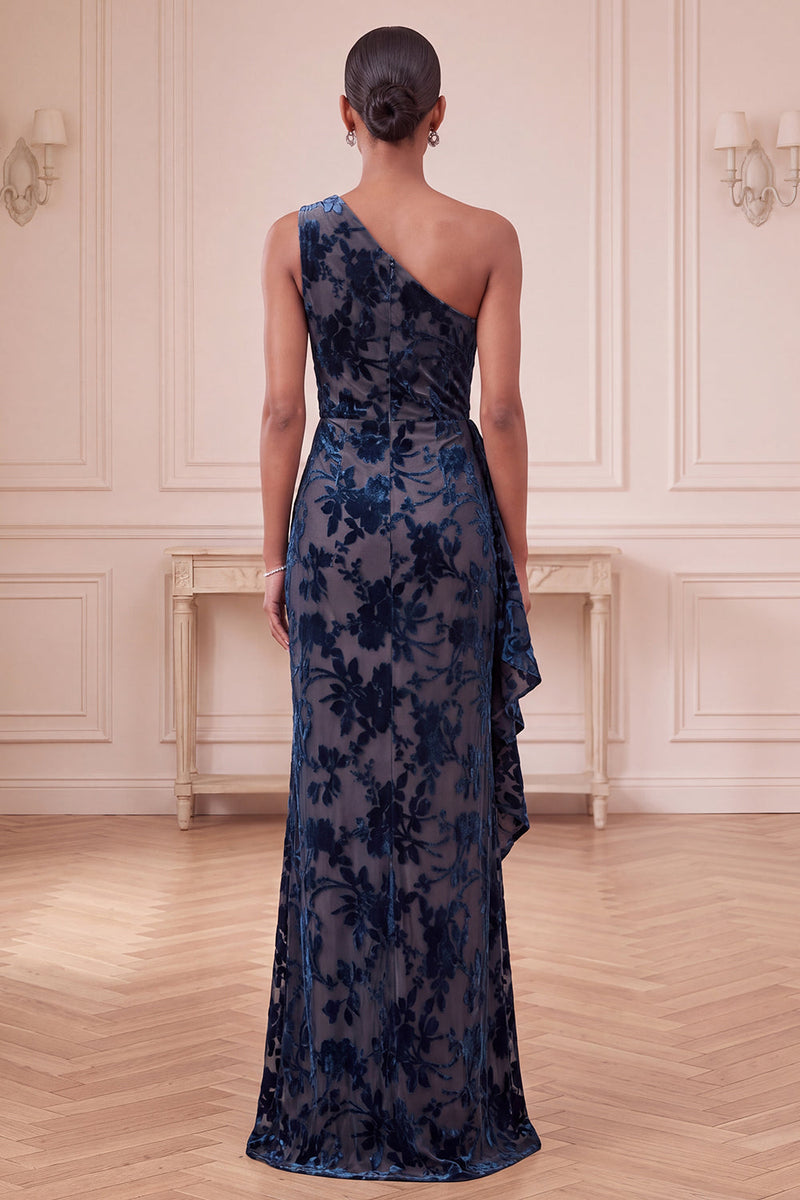 Load image into Gallery viewer, Navy One Shoulder Velvet Sheath Ruffled Floral Long Evening Dress