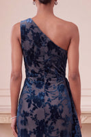 Load image into Gallery viewer, Navy One Shoulder Velvet Sheath Ruffled Floral Long Evening Dress