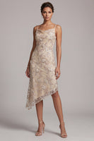 Load image into Gallery viewer, Champagne Sparkly A Line Beaded Floral Asymmetrical Evening Dress