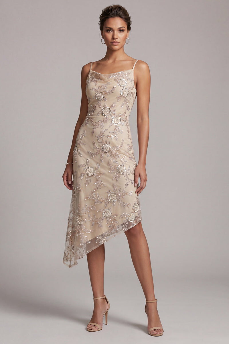 Load image into Gallery viewer, Champagne Sparkly A Line Beaded Floral Asymmetrical Evening Dress