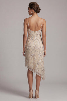 Champagne Sparkly A Line Beaded Floral Asymmetrical Evening Dress