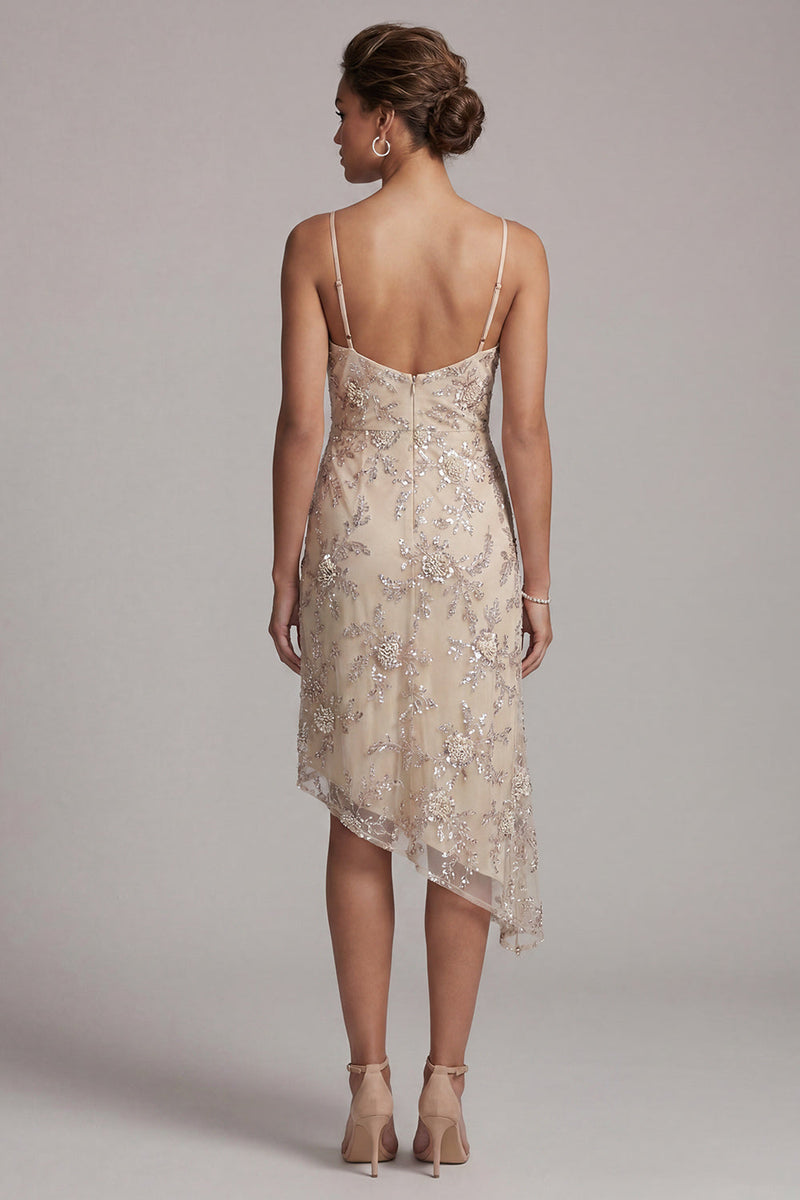 Load image into Gallery viewer, Champagne Sparkly A Line Beaded Floral Asymmetrical Evening Dress