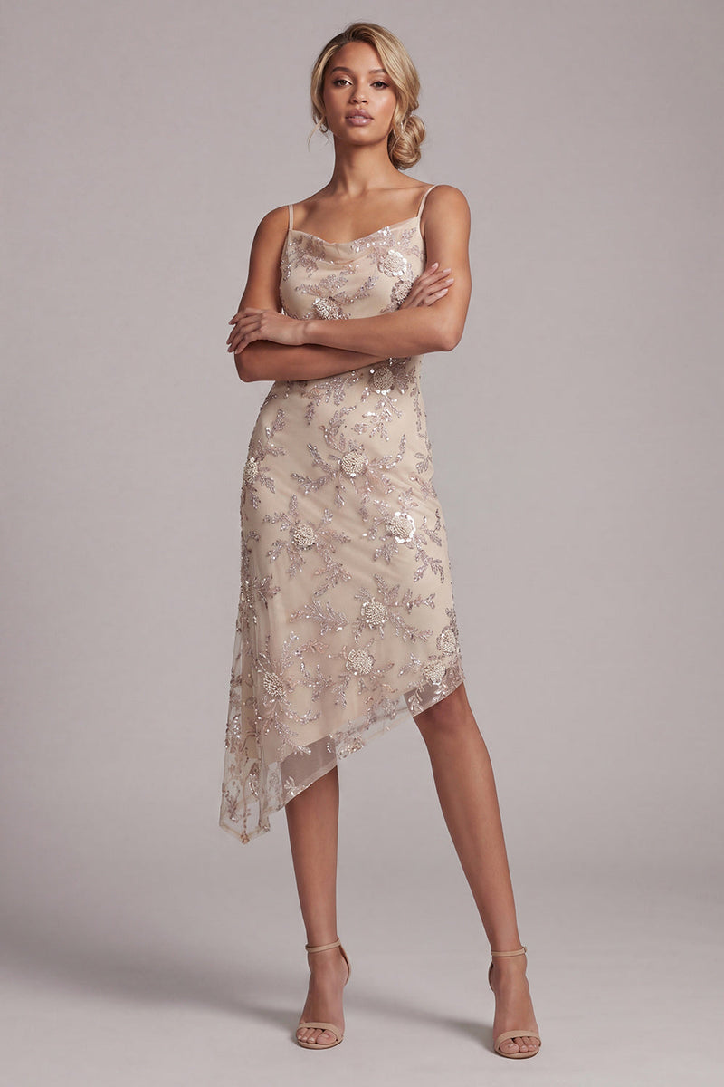 Load image into Gallery viewer, Champagne Sparkly A Line Beaded Floral Asymmetrical Evening Dress