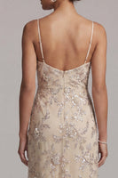 Load image into Gallery viewer, Champagne Sparkly A Line Beaded Floral Asymmetrical Evening Dress
