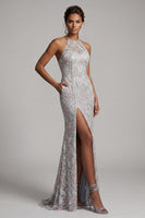 Load image into Gallery viewer, Dusty Blue Floral Mermaid Halter Long Evening Dress with Pockets