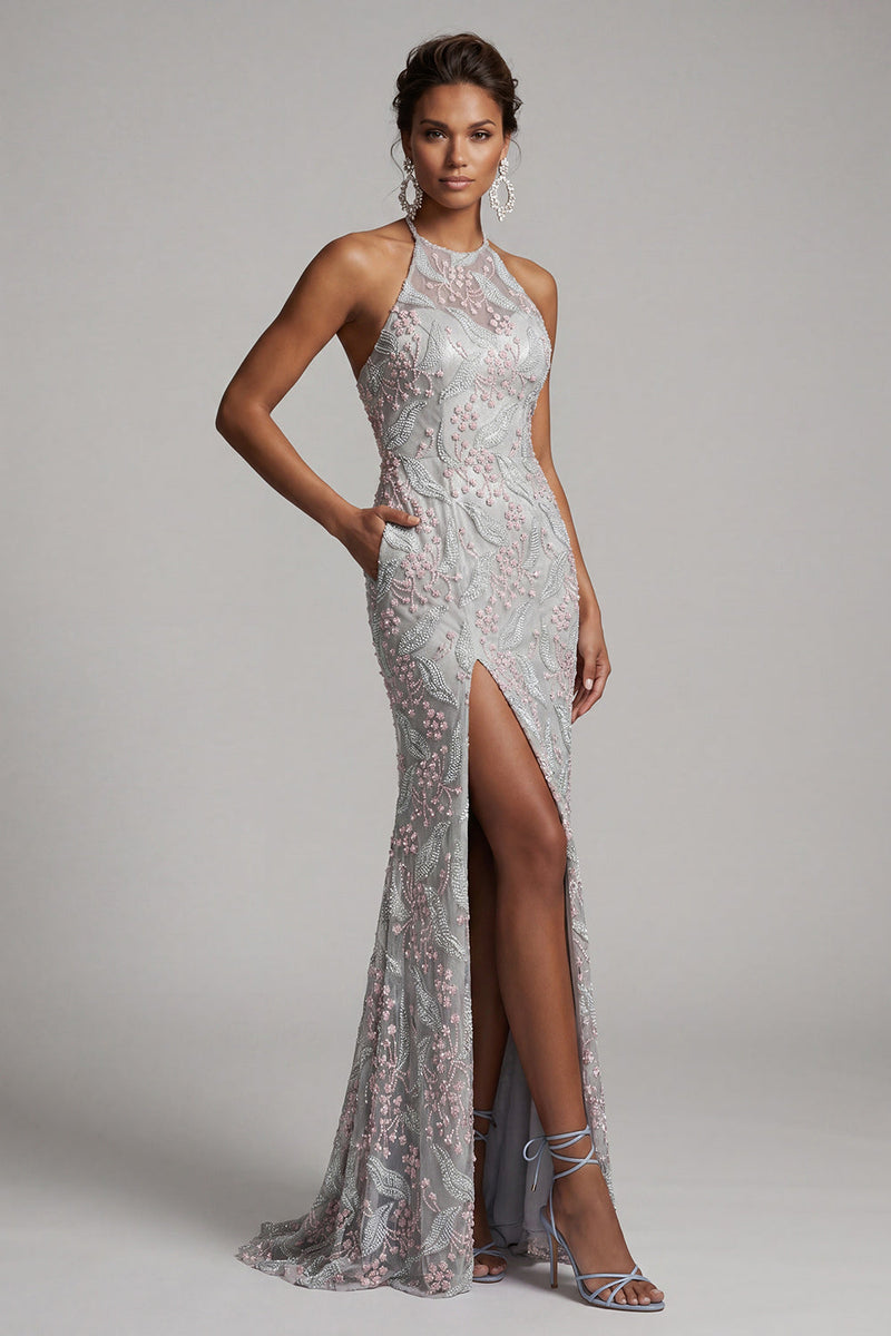 Load image into Gallery viewer, Dusty Blue Floral Mermaid Halter Long Evening Dress with Pockets