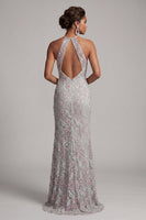 Load image into Gallery viewer, Dusty Blue Floral Mermaid Halter Long Evening Dress with Pockets