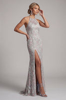 Load image into Gallery viewer, Dusty Blue Floral Mermaid Halter Long Evening Dress with Pockets