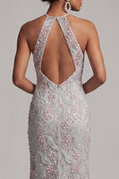 Load image into Gallery viewer, Dusty Blue Floral Mermaid Halter Long Evening Dress with Pockets