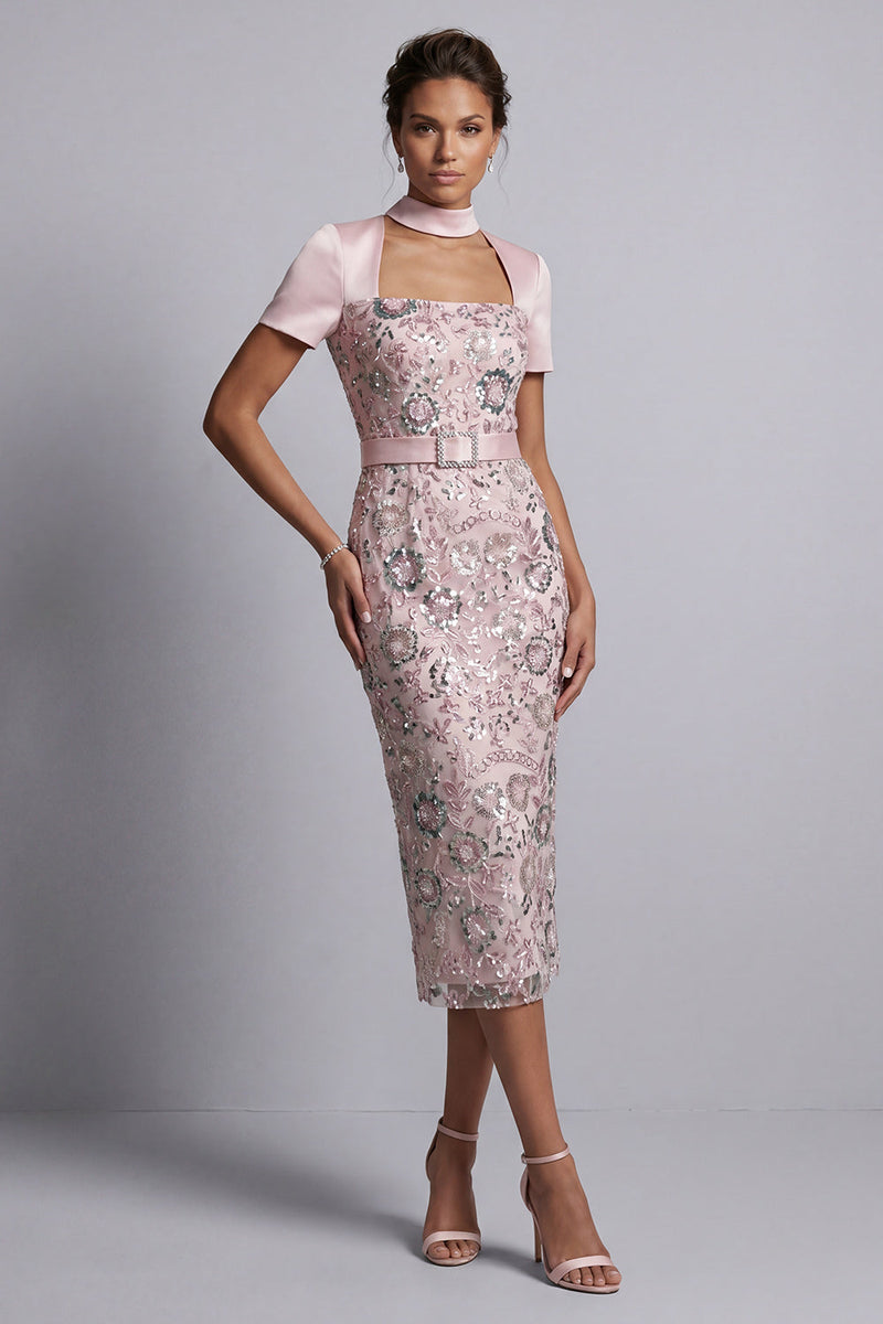 Load image into Gallery viewer, Sparkly Light Pink Bodycon Floral Sequin Midi Evening Dress with Belt