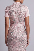 Load image into Gallery viewer, Sparkly Light Pink Bodycon Floral Sequin Midi Evening Dress with Belt