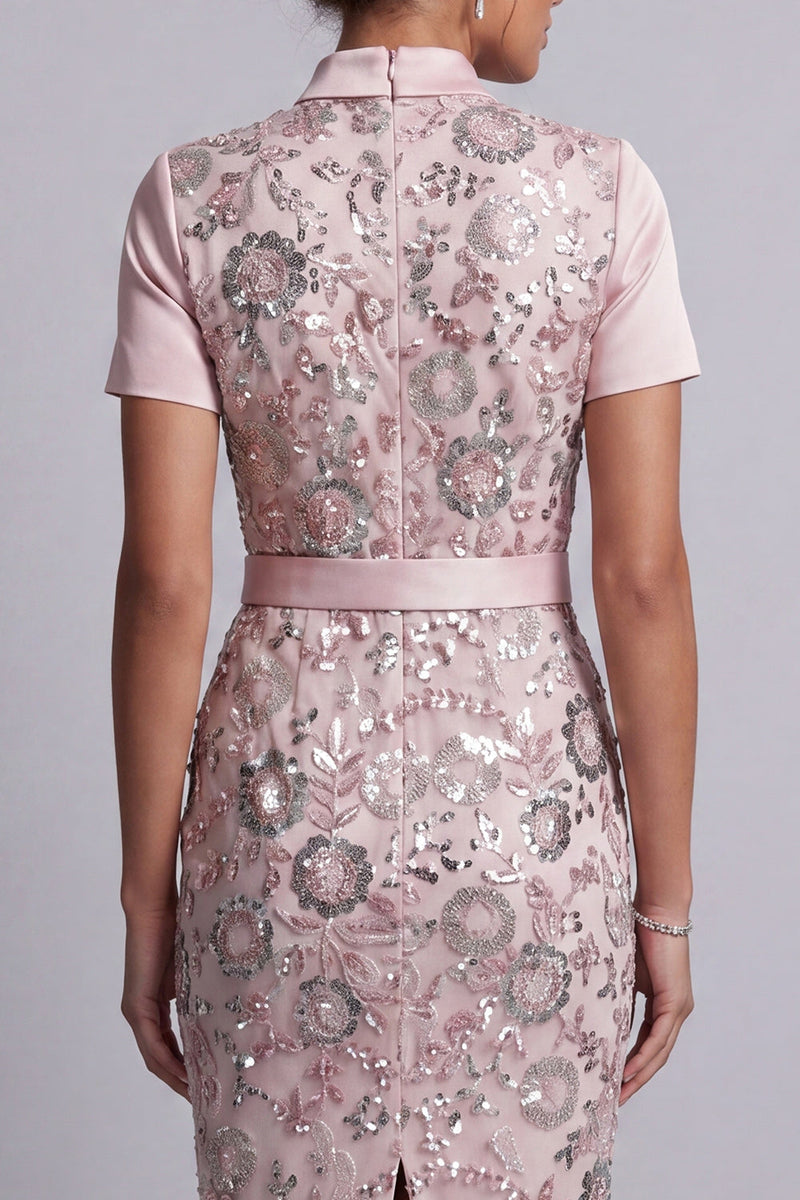 Load image into Gallery viewer, Sparkly Light Pink Bodycon Floral Sequin Midi Evening Dress with Belt