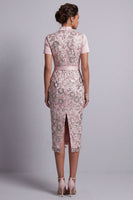 Load image into Gallery viewer, Sparkly Light Pink Bodycon Floral Sequin Midi Evening Dress with Belt