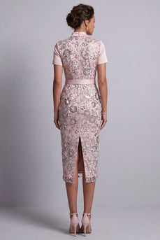 Sparkly Light Pink Bodycon Floral Sequin Midi Evening Dress with Belt