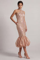 Load image into Gallery viewer, Sparkly Blush Mermaid Sequin Midi Bubble Evening Dress with Pockets