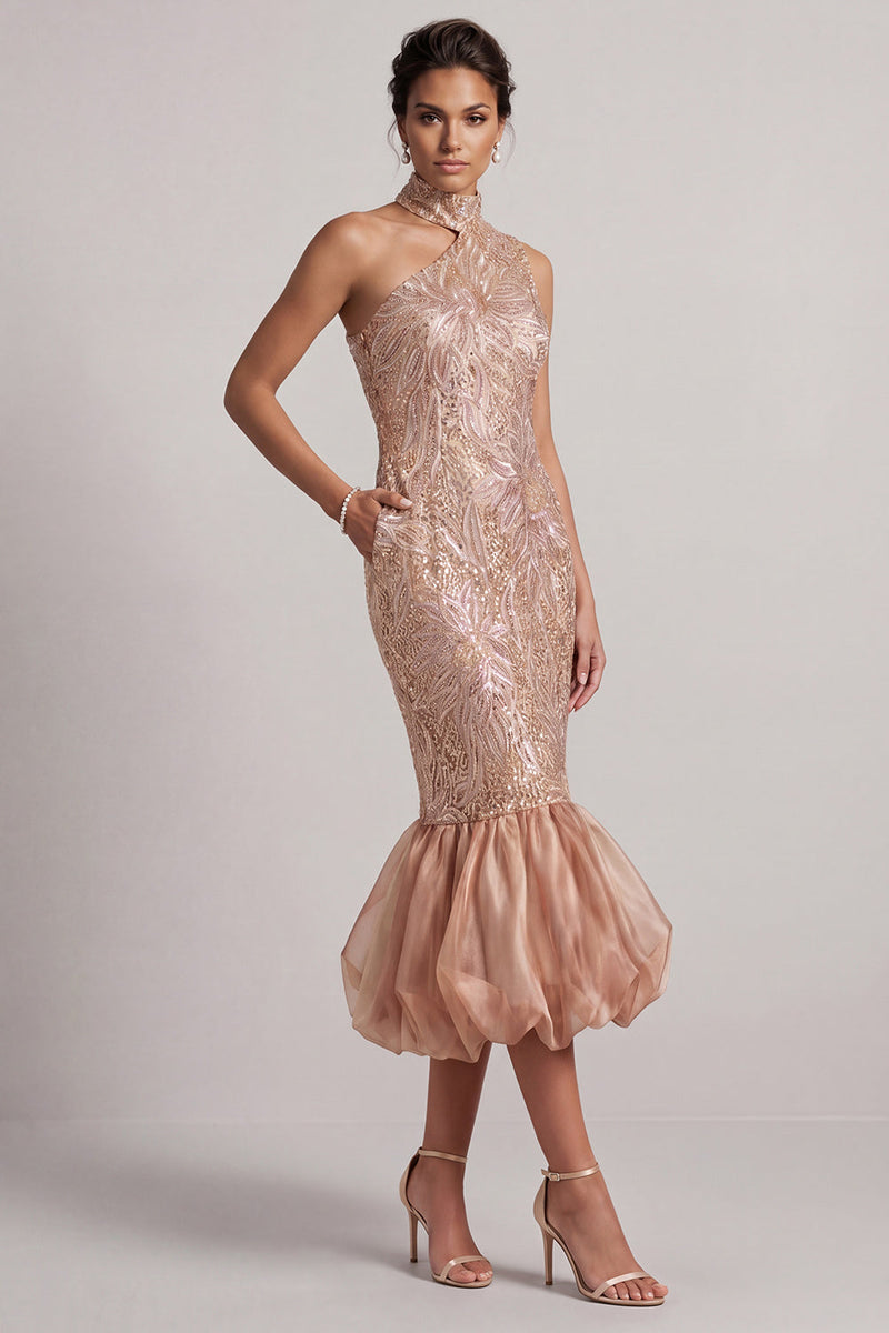 Load image into Gallery viewer, Sparkly Blush Mermaid Sequin Midi Bubble Evening Dress with Pockets