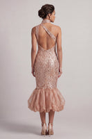 Load image into Gallery viewer, Sparkly Blush Mermaid Sequin Midi Bubble Evening Dress with Pockets