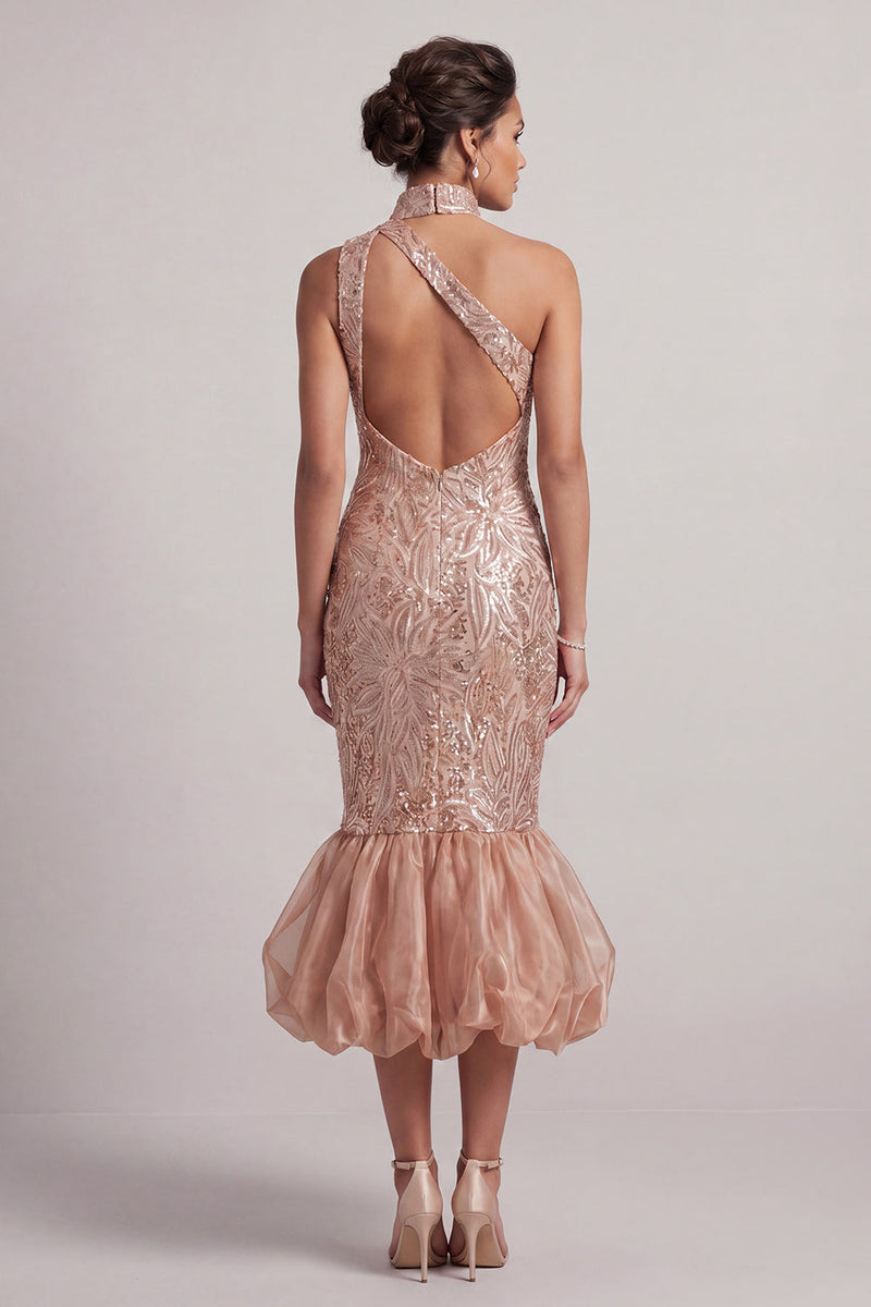 Load image into Gallery viewer, Sparkly Blush Mermaid Sequin Midi Bubble Evening Dress with Pockets