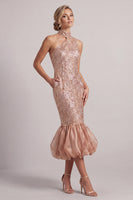 Load image into Gallery viewer, Sparkly Blush Mermaid Sequin Midi Bubble Evening Dress with Pockets