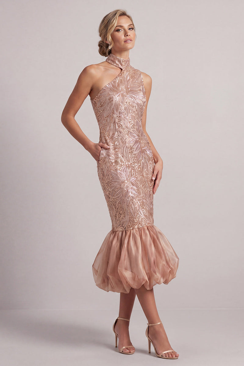 Load image into Gallery viewer, Sparkly Blush Mermaid Sequin Midi Bubble Evening Dress with Pockets
