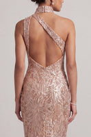 Load image into Gallery viewer, Sparkly Blush Mermaid Sequin Midi Bubble Evening Dress with Pockets