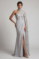 Load image into Gallery viewer, Grey Sparkly One Shoulder Sequin Mermaid Ruched Long Evening Dress with Side Cape