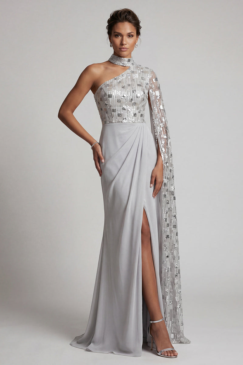 Load image into Gallery viewer, Grey Sparkly One Shoulder Sequin Mermaid Ruched Long Evening Dress with Side Cape