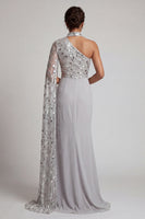 Load image into Gallery viewer, Grey Sparkly One Shoulder Sequin Mermaid Ruched Long Evening Dress with Side Cape