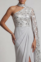 Load image into Gallery viewer, Grey Sparkly One Shoulder Sequin Mermaid Ruched Long Evening Dress with Side Cape