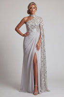 Load image into Gallery viewer, Grey Sparkly One Shoulder Sequin Mermaid Ruched Long Evening Dress with Side Cape
