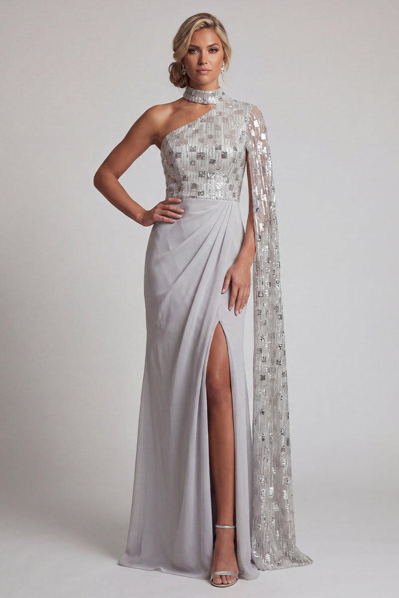 Load image into Gallery viewer, Grey Sparkly One Shoulder Sequin Mermaid Ruched Long Evening Dress with Side Cape