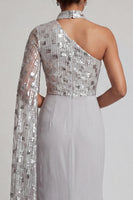 Load image into Gallery viewer, Grey Sparkly One Shoulder Sequin Mermaid Ruched Long Evening Dress with Side Cape