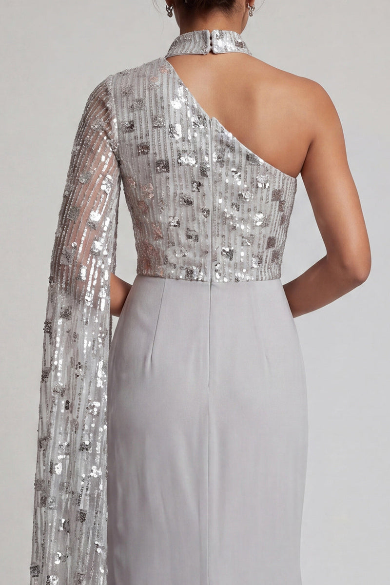 Load image into Gallery viewer, Grey Sparkly One Shoulder Sequin Mermaid Ruched Long Evening Dress with Side Cape