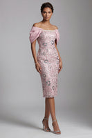 Load image into Gallery viewer, Sparkly Light Pink Bodycon Floral Sequin Midi Evening Dress with Pearls