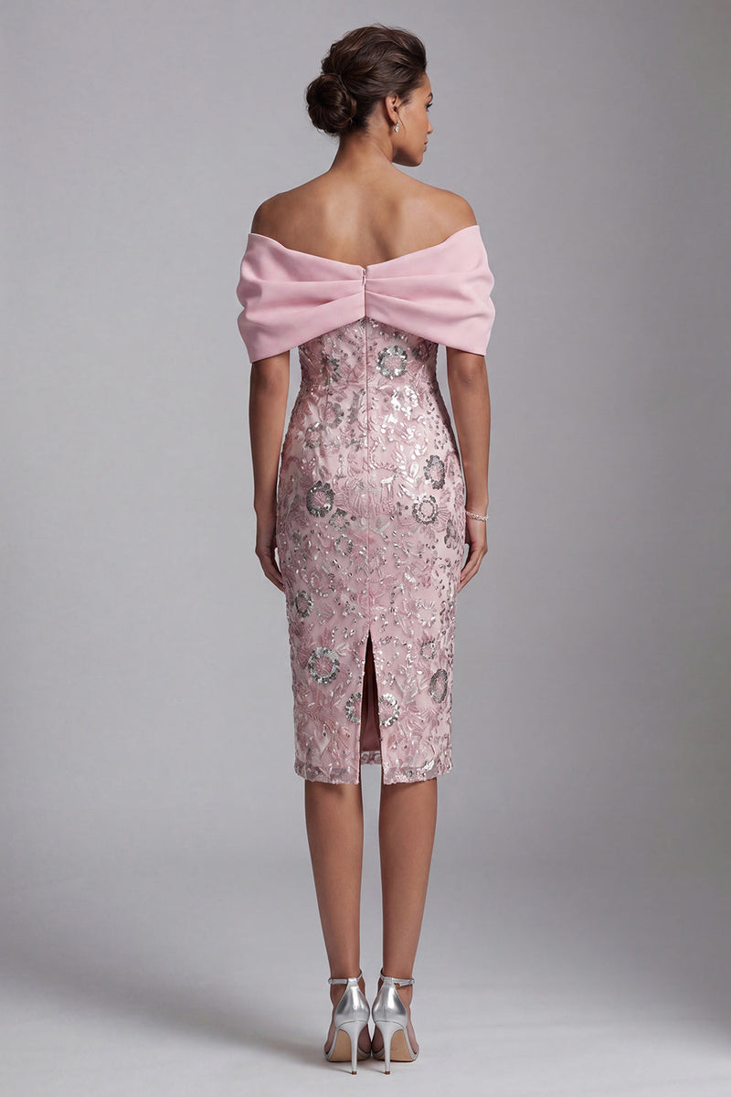 Load image into Gallery viewer, Sparkly Light Pink Bodycon Floral Sequin Midi Evening Dress with Pearls