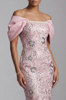 Load image into Gallery viewer, Sparkly Light Pink Bodycon Floral Sequin Midi Evening Dress with Pearls
