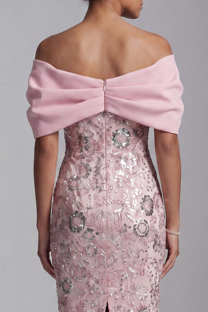 Load image into Gallery viewer, Sparkly Light Pink Bodycon Floral Sequin Midi Evening Dress with Pearls