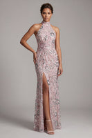 Load image into Gallery viewer, Light Pink Mermaid Sparkly Sequin Ruched High Neck Long Evening Dress with Slit