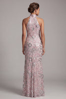 Load image into Gallery viewer, Light Pink Mermaid Sparkly Sequin Ruched High Neck Long Evening Dress with Slit