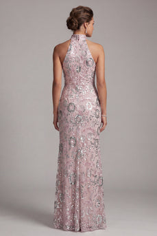 Light Pink Mermaid Sparkly Sequin Ruched High Neck Long Evening Dress with Slit